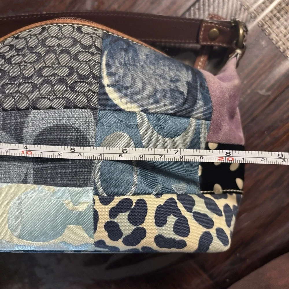 Vtg Coach Patchwork Denim Blue Brown Multicolor Shoulder Bag Leather Handle